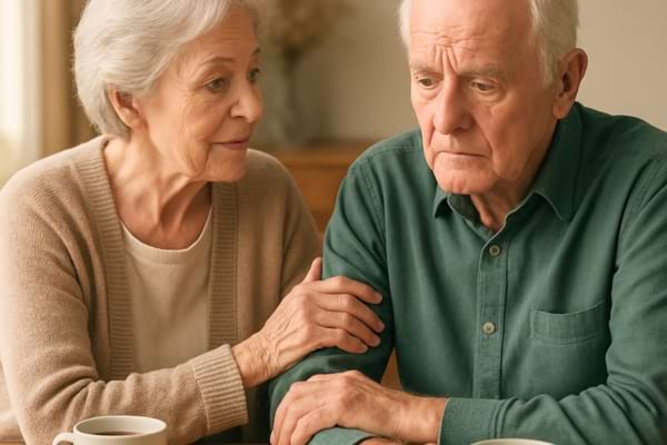 Un couple de seniors bienveillants discutant intimement dans une salle à manger.