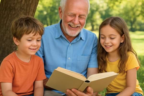Un grand-père souriant et détendu lit un livre à deux jeunes enfants sous un grand arbre dans un parc ensoleillé