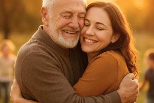 Un grand-père de 68 ans et sa fille adulte se serrant chaleureusement dans les bras.