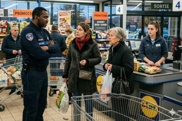 un agent de s&eacute;curit&eacute; discute fermement avec deux clientes pr&egrave;s des caisses