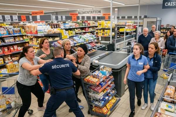 groupe de femmes en mouvement provoquant une sc&egrave;ne de chaos, un vigile tente de s&rsquo;interposer