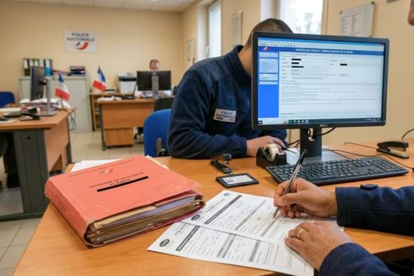 bureau de police fran&ccedil;ais, dossier pos&eacute; sur une table, stylo, formulaire, &eacute;cran d&rsquo;ordinateur 