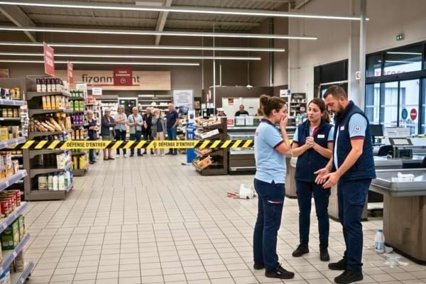 n supermarch&eacute; presque vide apr&egrave;s un incident, ruban de s&eacute;curit&eacute; symbolique,