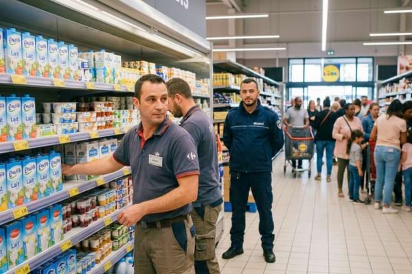 des employ&eacute;s de grande distribution en rayon avec un agent de s&eacute;curit&eacute; en arri&egrave;re-plan