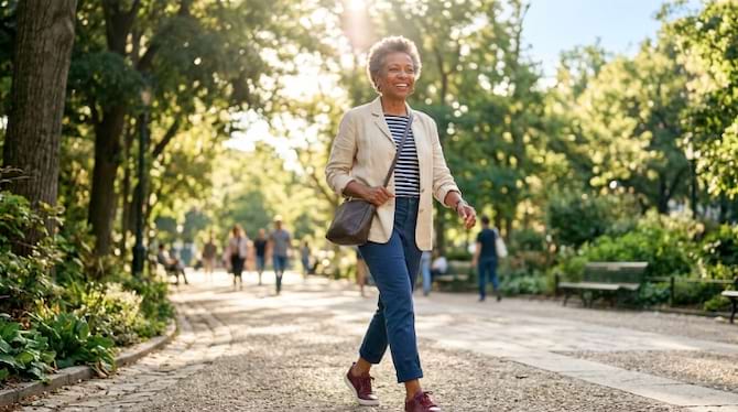 une femme de 60 ans à l'allure très dynamique et souriante, marchant dans un parc