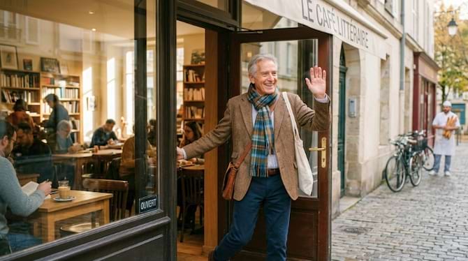un homme senior actif, habillé avec style (manteau en tweed, écharpe), poussant la porte d'un café