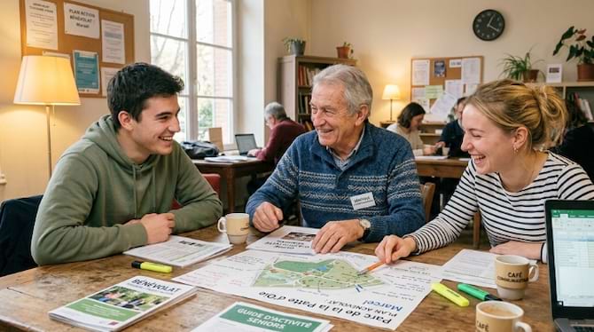 n groupe intergénérationnel (un senior et deux jeunes adultes) riant ensemble autour d'une grande table