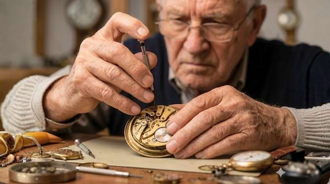 mains d'une personne âgée en train de réparer méticuleusement un objet complexe