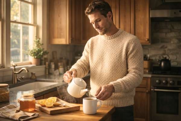 Un homme à l'allure rassurante, portant un pull en maille épaisse, préparant un thé