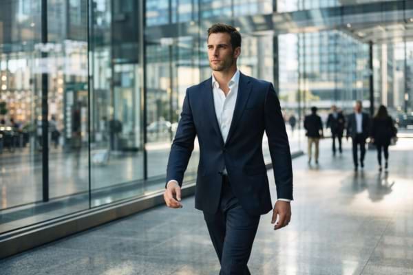 Un homme charismatique en costume moderne sans cravate, marchant d'un pas décidé