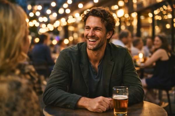 Un homme au sourire charmeur et au regard pétillant, attablé à une terrasse animée en soirée