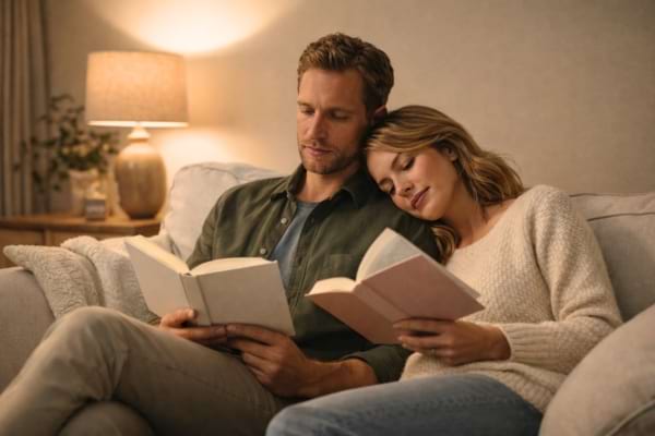 Un couple lisant paisiblement sur un canapé confortable, l'homme est concentré sur son livre, présence douce et non envahissante