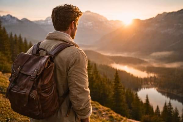 Un homme de dos, sac à dos en cuir sur l'épaule, regardant un paysage montagneux