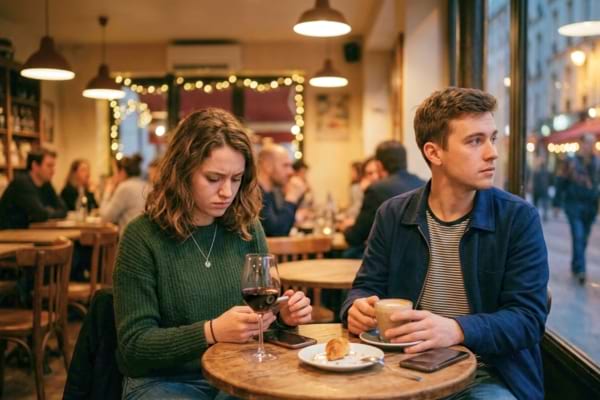 a couple sitting at a cafe table, looking slightly awkward and avoiding eye contact