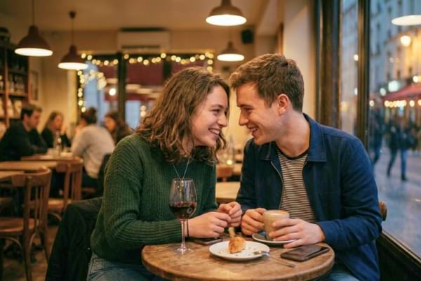 a smiling couple engaged in deep conversation at a cozy dimly lit bar
