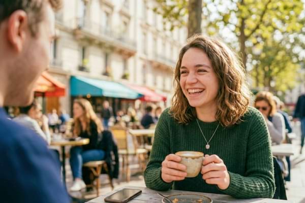 a young woman laughing genuinely while holding a coffee cup