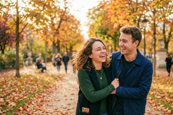 two people laughing out loud while walking in a city park during autumn