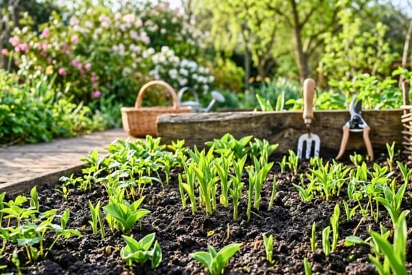 n massif de jardin au printemps, montrant de jeunes pousses vertes sortant d'une terre riche,
