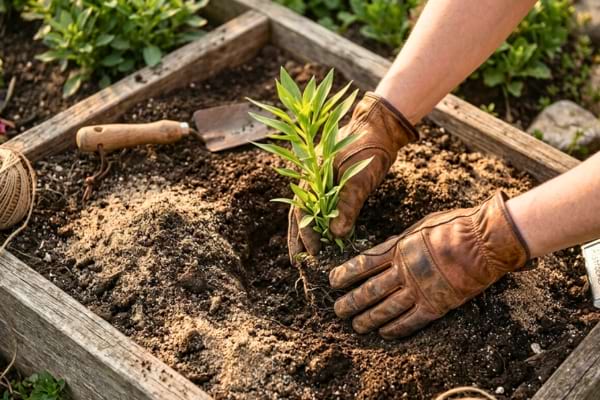 mains portant des gants de jardinage en cuir, plantant d&eacute;licatement un plant d'Alstroemeria 