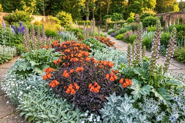 des Alstroemerias au feuillage pourpre et aux fleurs orange avec des plantes &agrave; feuillage argent&eacute;