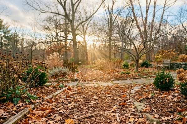 n parterre de jardin &agrave; la fin de l'automne, recouvert d'un &eacute;pais paillage de feuilles mortes 