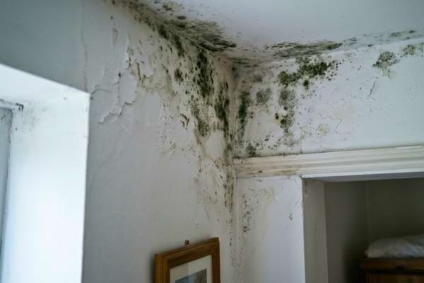 Un coin de mur intérieur de chambre avec des taches de moisissure sombre et verdâtre