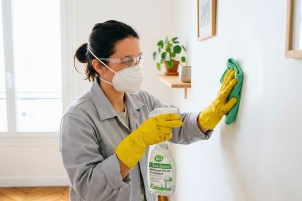 personne avec un masque qui nettoie minutieusement un mur blanc