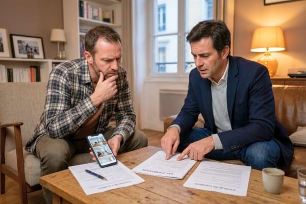 Un propriétaire et un locataire discutant sérieusement autour d'une table