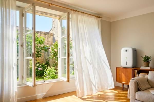 Une grande fenêtre de salon grande ouverte laissant entrer un soleil matinal