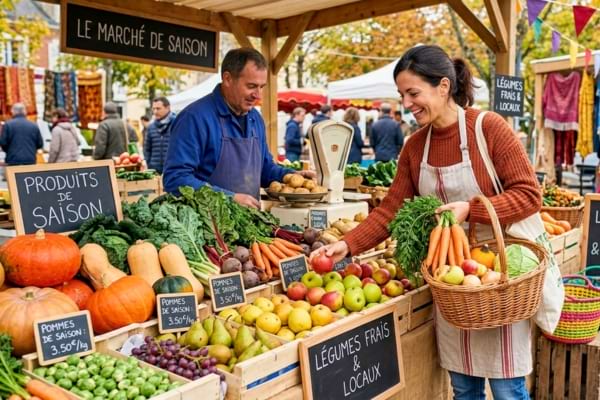 Une femme qui achète des fruits et légumes de saison