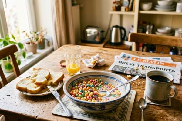 Une table de petit-déjeuner désordonnée avec un bol de céréales sucrées à moitié vide