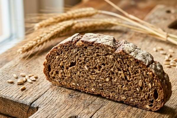 une tranche de pain de seigle complet à la texture dense et foncée, montrant clairement les grains