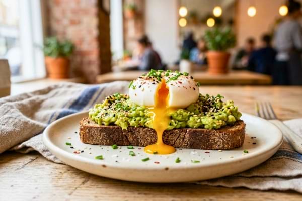 une tranche de pain de seigle garnie d'avocat écrasé, surmontée d'un œuf poché
