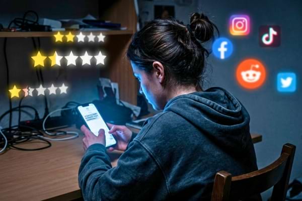 ne personne de dos, &eacute;clair&eacute;e par l'&eacute;cran de son smartphone dans une pi&egrave;ce sombre