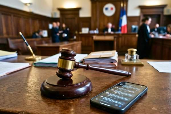 un marteau de juge en bois massif pos&eacute; sur un bureau, avec un smartphone