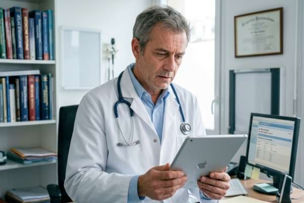 un m&eacute;decin en blouse blanche, l'air soucieux et fatigu&eacute;, regardant une tablette num&eacute;rique