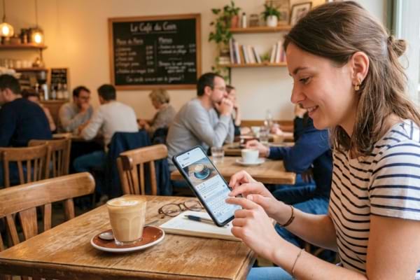 Une femme qui post un commentaire dans un caf&eacute; restaurant