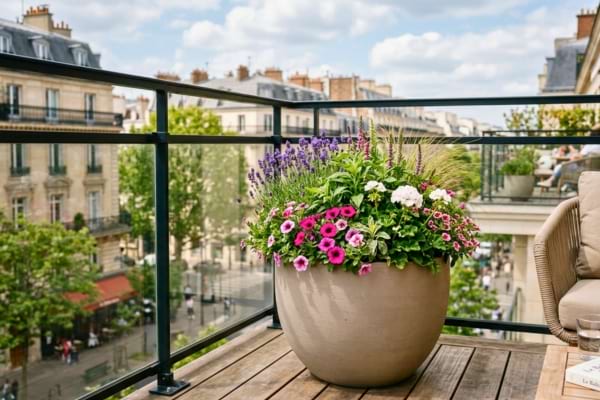 un grand pot de fleurs rond au design &eacute;pur&eacute;, pos&eacute; sur une terrasse en bois. 