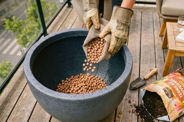 mains de jardinier portant des gants, versant d&eacute;licatement des billes d'argile au fond d'un grand bac
