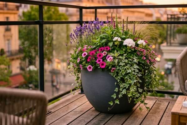 Magnifique composition florale foisonnante dans un grand bac rond