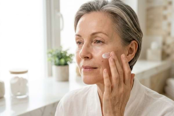 visage serein d'une femme de 55 ans dans une salle de bain lumineuse. Elle applique d&eacute;licatement une cr&egrave;me hydratante