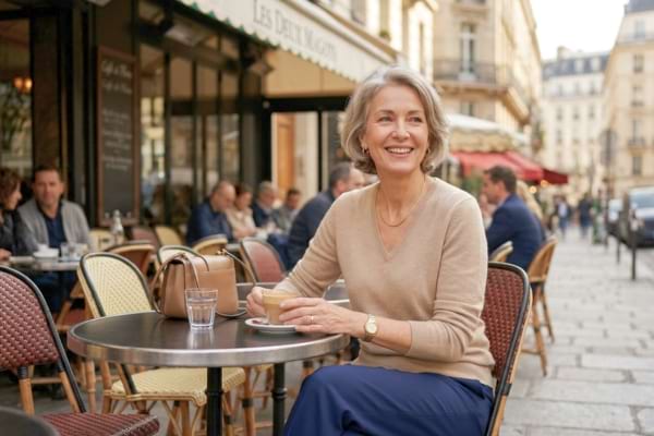 Une femme mature souriante, assise &agrave; la terrasse d'un caf&eacute;. Elle porte une tenue de style "Quiet Luxury"