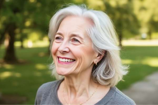 une femme de 65 ans aux cheveux argent&eacute;s, riant aux &eacute;clats dans un parc verdoyant