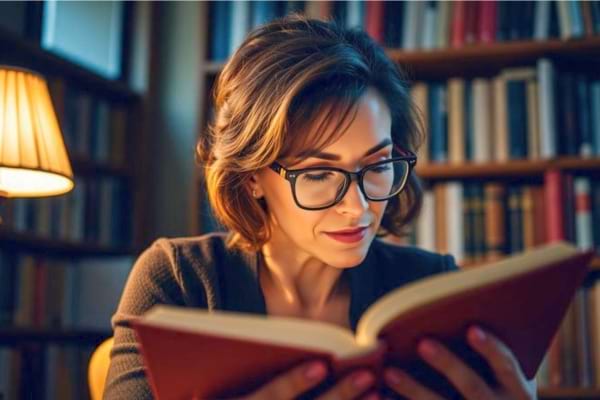 Une femme de 50 ans &eacute;l&eacute;gante, portant de belles lunettes de lecture, plong&eacute;e dans un livre