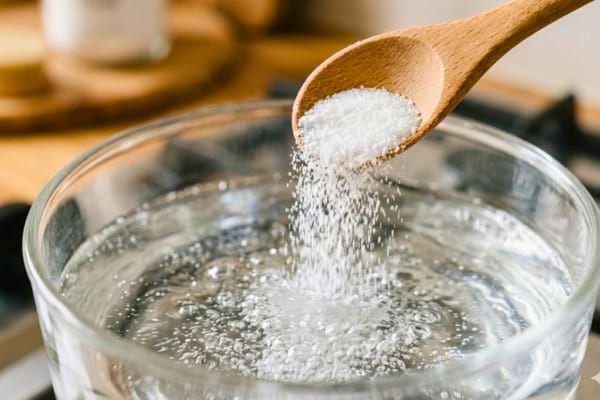 poudre d'acide citrique versée depuis une cuillère en bois au-dessus d'une eau frémissante