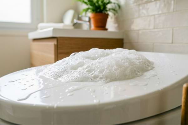 Réaction chimique effervescente spectaculaire sur la paroi en céramique d'un sanitaire