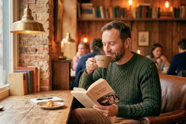 un homme savourant un caf&eacute; en lisant un livre dans un &eacute;tablissement chaleureux.