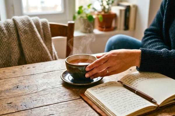 ne main posant d&eacute;licatement une tasse de th&eacute; fumante sur une table en bois rustique
