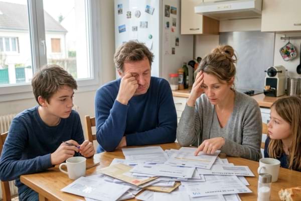 a normal French family looking worried at a pile of bills and financial documents 