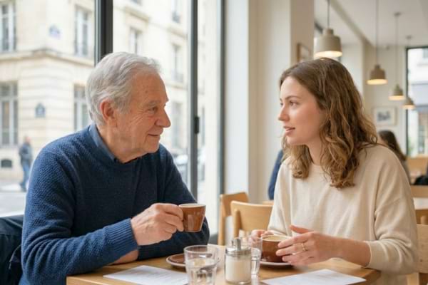 a senior man and a young woman discussing calmly over a coffee in a bright